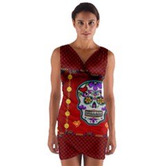 Awesome Sugar Skull With Hearts Wrap Front Bodycon Dress