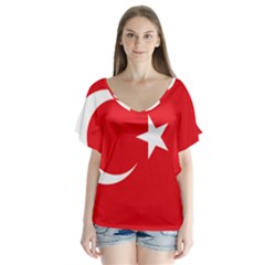 Vertical Flag Of Turkey V-neck Flutter Sleeve Top by abbeyz71