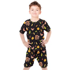 Thanksgiving Turkey Pattern Kids  Tee And Shorts Set by Valentinaart