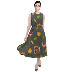 Thanksgiving Turkey Pattern Round Neck Boho Dress by Valentinaart