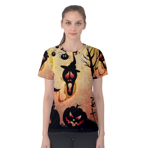 Funny Halloween Design, Pumpkin, Cat, Owl And Crow Women s Cotton Tee by FantasyWorld7