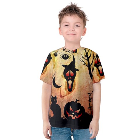 Funny Halloween Design, Pumpkin, Cat, Owl And Crow Kids  Cotton Tee by FantasyWorld7