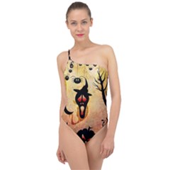 Funny Halloween Design, Pumpkin, Cat, Owl And Crow Classic One Shoulder Swimsuit by FantasyWorld7