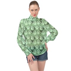 Pattern Texture Feet Dog Green High Neck Long Sleeve Chiffon Top