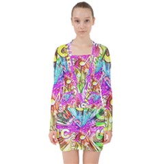 Music Abstract Sound Colorful V-neck Bodycon Long Sleeve Dress