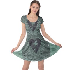 Elegant Heart With Piano And Clef On Damask Background Cap Sleeve Dress by FantasyWorld7
