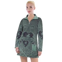Elegant Heart With Piano And Clef On Damask Background Women s Long Sleeve Casual Dress by FantasyWorld7
