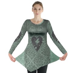 Elegant Heart With Piano And Clef On Damask Background Long Sleeve Tunic  by FantasyWorld7