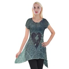 Elegant Heart With Piano And Clef On Damask Background Short Sleeve Side Drop Tunic by FantasyWorld7