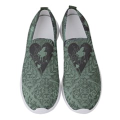 Elegant Heart With Piano And Clef On Damask Background Women s Slip On Sneakers by FantasyWorld7