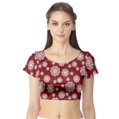 Snowflakes On Red Short Sleeve Crop Top by bloomingvinedesign