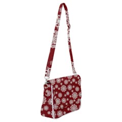 Snowflakes On Red Shoulder Bag With Back Zipper by bloomingvinedesign