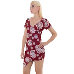Snowflakes On Red Short Sleeve Asymmetric Mini Dress by bloomingvinedesign