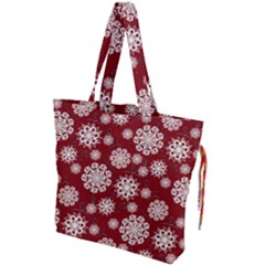 Snowflakes On Red Drawstring Tote Bag by bloomingvinedesign