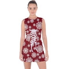 Snowflakes On Red Lace Up Front Bodycon Dress by bloomingvinedesign