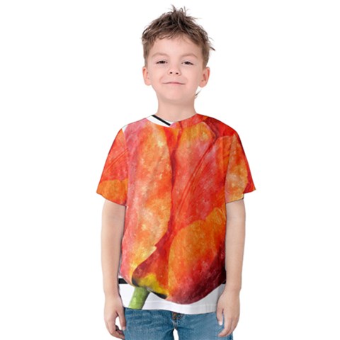 Tulip Watercolor Red And Black Stripes Kids  Cotton Tee by picsaspassion