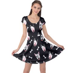 Bull Terrier Dog Face And Bone Cap Sleeve Dress