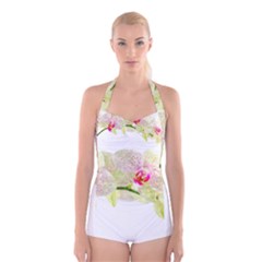 Phalenopsis Orchid White Lilac Watercolor Aquarel Boyleg Halter Swimsuit  by picsaspassion