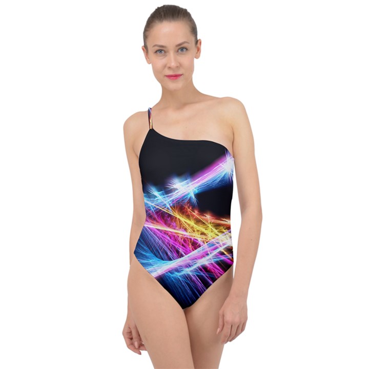 Colorful Neon Art Light rays, rainbow colors Classic One Shoulder Swimsuit