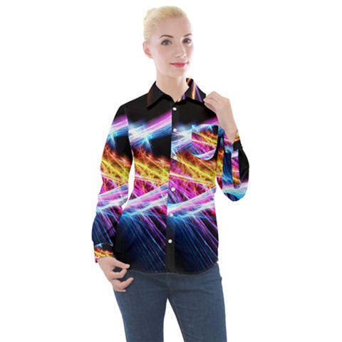 Colorful Neon Art Light Rays, Rainbow Colors Women s Long Sleeve Pocket Shirt by picsaspassion