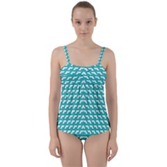 Background Pattern Colored Twist Front Tankini Set