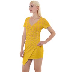 Background Polka Yellow Short Sleeve Asymmetric Mini Dress by HermanTelo