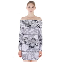 Elegant Mandala Elephant In Black And Wihte Long Sleeve Off Shoulder Dress by FantasyWorld7