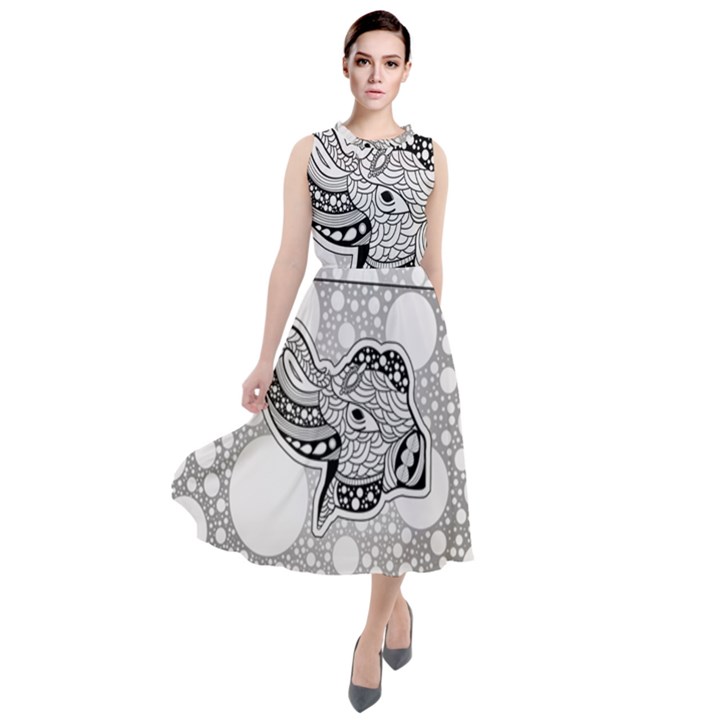 Elegant Mandala Elephant In Black And Wihte Round Neck Boho Dress