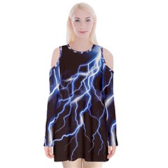 Blue Thunder Colorful Lightning Graphic Velvet Long Sleeve Shoulder Cutout Dress by picsaspassion