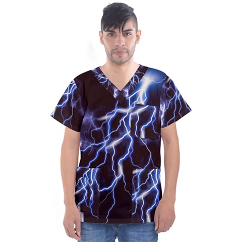 Blue Thunder Colorful Lightning Graphic Men s V-neck Scrub Top by picsaspassion