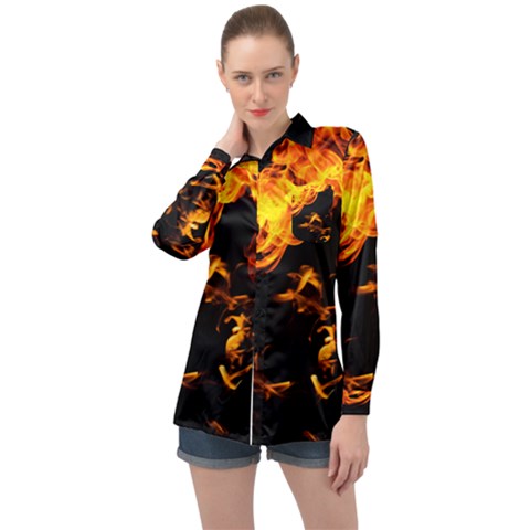 Can Walk On Fire, Black Background Long Sleeve Satin Shirt by picsaspassion