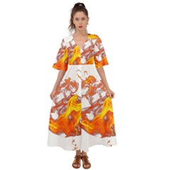 Can Walk On Volcano Fire, White Background Kimono Sleeve Boho Dress by picsaspassion