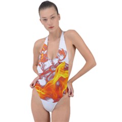 Can Walk On Volcano Fire, White Background Backless Halter One Piece Swimsuit by picsaspassion