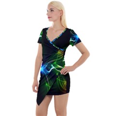 Colorful Neon Art Light Rays, Rainbow Colors Short Sleeve Asymmetric Mini Dress by picsaspassion