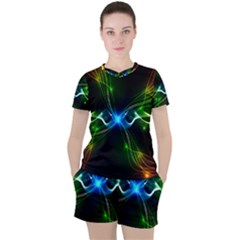 Colorful Neon Art Light Rays, Rainbow Colors Women s Tee And Shorts Set