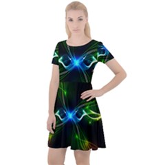 Colorful Neon Art Light Rays, Rainbow Colors Cap Sleeve Velour Dress 