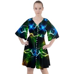 Colorful Neon Art Light Rays, Rainbow Colors Boho Button Up Dress