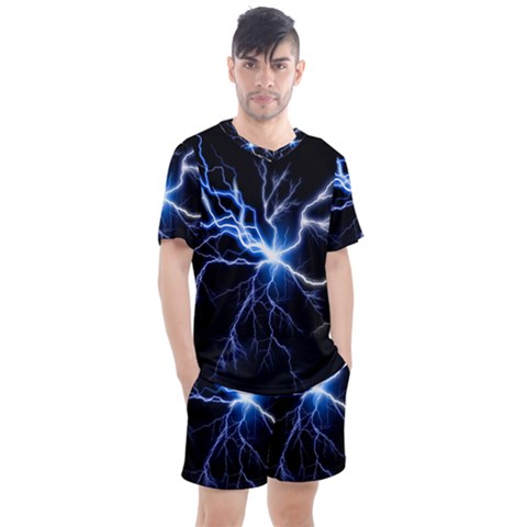 Blue Thunder Colorful Lightning Graphic Impression Men s Mesh Tee And Shorts Set by picsaspassion