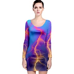 Blue Lightning Colorful Digital Art Long Sleeve Bodycon Dress by picsaspassion