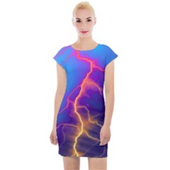 Blue Lightning Colorful Digital Art Cap Sleeve Bodycon Dress by picsaspassion