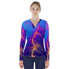 Blue Lightning Colorful Digital Art V-neck Long Sleeve Top by picsaspassion