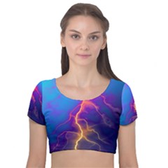 Blue Lightning Colorful Digital Art Velvet Short Sleeve Crop Top  by picsaspassion