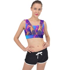 Blue Lightning Colorful Digital Art V-back Sports Bra by picsaspassion