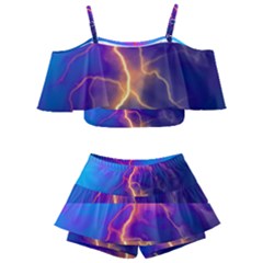 Blue Lightning Colorful Digital Art Kids  Off Shoulder Skirt Bikini by picsaspassion