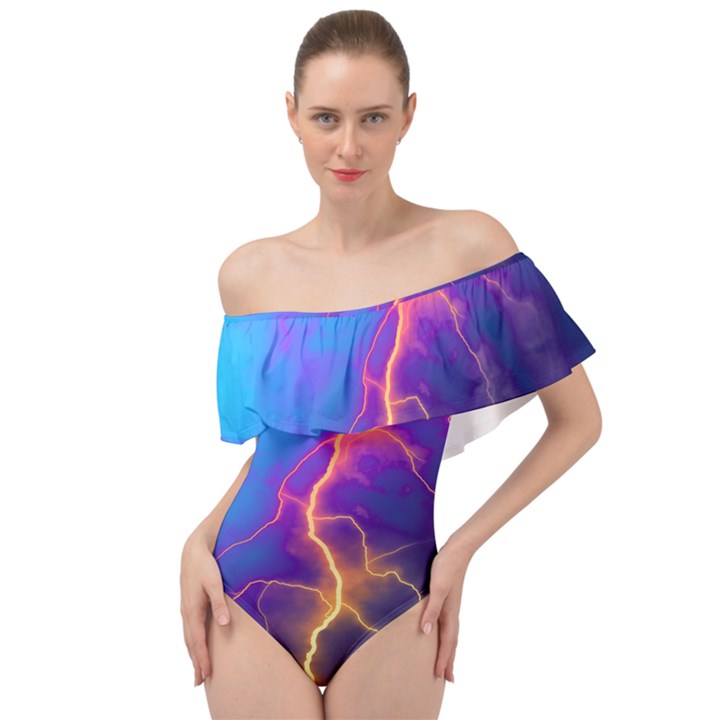 Blue Lightning colorful digital art Off Shoulder Velour Bodysuit 