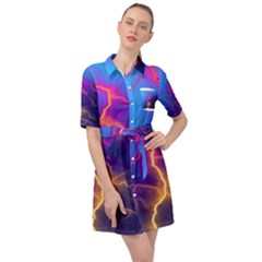 Blue Lightning Colorful Digital Art Belted Shirt Dress by picsaspassion