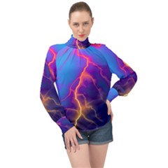 Blue Lightning Colorful Digital Art High Neck Long Sleeve Chiffon Top by picsaspassion