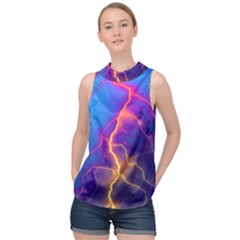 Blue Lightning Colorful Digital Art High Neck Satin Top by picsaspassion