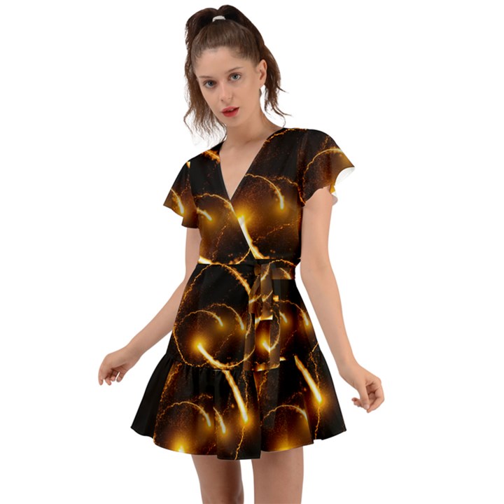 Flying Comets in the cosmos Flutter Sleeve Wrap Dress