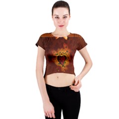 Beautiful Heart With Leaves Crew Neck Crop Top